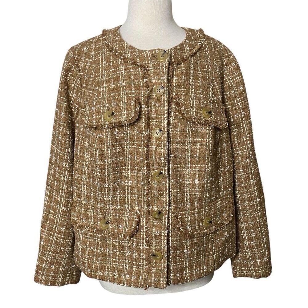 Talbots Womens Size 16WP Tweed Fringe Blazer Jacket Tan White